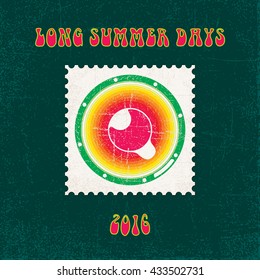 Long Summer Days 2016 - Dot or Stamp with the Rainbow Colored Speaker on it - Green to Magenta Spectrum Elements on Dark Turquoise Grunge Background - Pictogram Flat Design