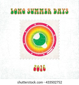 Largos días de verano de 2016 - Punto o sello con el altavoz de color arcoiris en él - Elementos de espectro verde a magenta sobre fondo gris blanco y gris claro - Diseño plano en pictograma