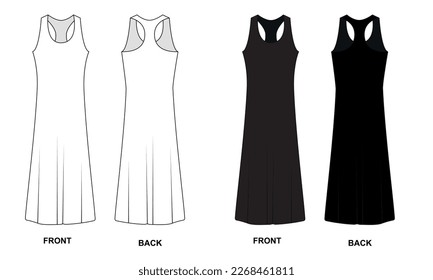 Juego de dibujo técnico de vestido de verano largo, vista frontal y trasera, vector. Esbozo de un vestido de punto con colores blanco y negro. Plantilla de contorno de vestido de moda, de moda, vector.