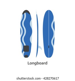 Long surf board vector icon isolated on white background. Surfer longboard illustration. Classic surfboard. Surfing desk image in flat design.