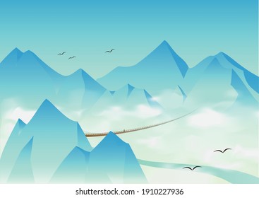 A long suspension bridge cross over the valley. An Adventurer try to walk across the bridge in the mountains.