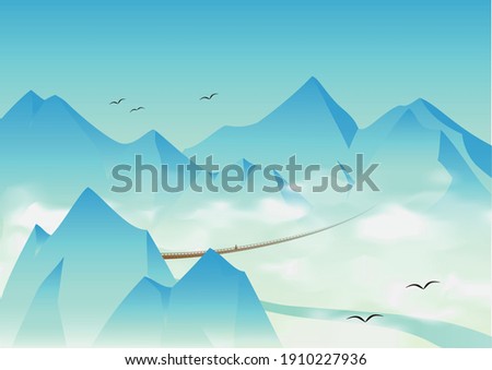 A long suspension bridge cross over the valley. An Adventurer try to walk across the bridge in the mountains.