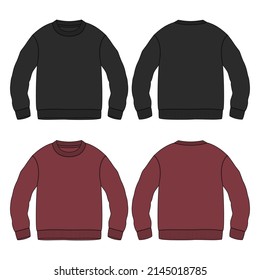 Long Sweatshirt technical fashion flat sketch vector illustration template front and back views. Fleece jersey sweatshirt sweater jumper Black and red color mock up for men's and boys.
