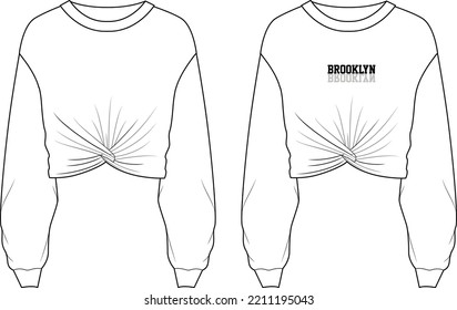 Long Sweatshirt technical fashion flat sketch vector illustration template front and back views. Fleece jersey sweatshirt sweater jumper for unisex.