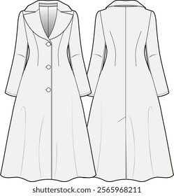 Long Swingy Coat with Collared Neckline, A-Line Skirt, and Button-Front Closure – Front and Back View Technical Fashion Sketch