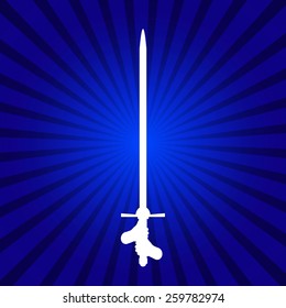 Long Sword in hands on Blue Texture Background, Vector Illustration