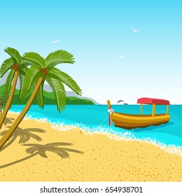 Long tail boat with flowers, ribbons on its nose on tropical coast. Summer seascape with dolphins on horizon. Wild beach, palm trees and gold sand. Design for banner, web, card. Vector illustration