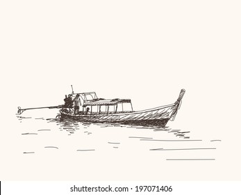 Long tail boat, Thailand. Hand drawn vector illustration