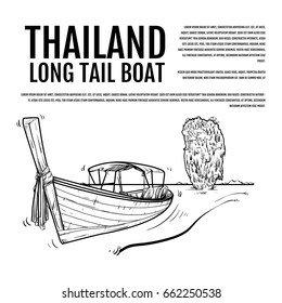 Long tail boat, Thailand Hand Drawn vector Illustration. Travel Thailand Concept.