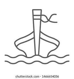 Long tail boat thin line icon, sheep and sea, tai boat sign, vector graphics, a linear pattern on a white background, eps 10.