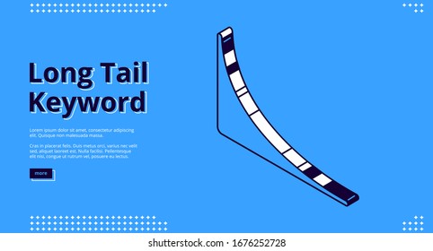 Banner de palabra clave Long tail con gráfico isométrico sobre fondo azul. Página de inicio de vectores del servicio de optimización de SEO con ilustración de línea de gráfico de análisis