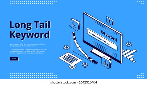 Página de inicio isométrica de la palabra clave Long tail. Seo herramienta de investigación gráfica de curva y navegador en el monitor de PC de escritorio. Optimización del motor, servicio de análisis Ilustración vectorial 3d, banner web, arte de línea