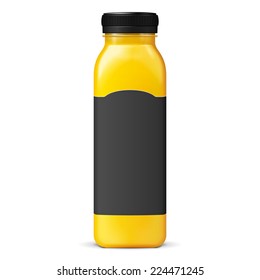 Long Tall Juice Or Jam Glass Yellow Orange Bottle Jar With Black Lable On White Background Isolated. Ready For Your Design. Product Packing. Vector EPS10 