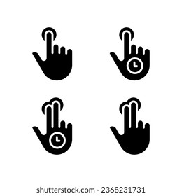 Long tap black glyph icons set on white space. Double finger touch. Multi touch technology. Touchscreen control gestures. Silhouette symbols. Solid pictogram pack. Vector isolated illustration