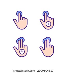 Long tap pixel perfect RGB color icons set. Double finger touch. Multi touch. Touchscreen control gestures. Isolated vector illustrations. Simple filled line drawings collection. Editable stroke