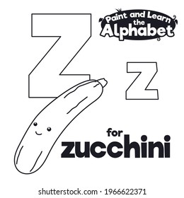 Long and tender zucchini waiting for coloring and grammar lesson during didactic letter 'Z' and ABC learning.