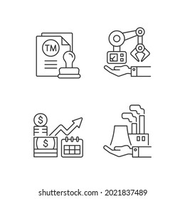 Long term business investments linear icons set. Machinery owning and plants ownership. Customizable thin line contour symbols. Isolated vector outline illustrations. Editable stroke