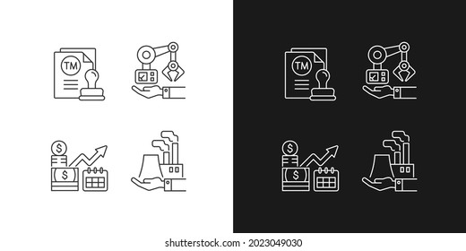 Long term business investments linear icons set for dark and light mode. Machinery owning and plants ownership. Customizable thin line symbols. Isolated vector outline illustrations. Editable stroke