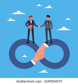 Long term cooperation. Lifetime warranty, businessman shaking hands, infinity sign. Business partners handshake, strategy of collaboration and partnership, vector cartoon flat concept