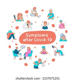 Long term of covid-19. Consequences of coronavirus symptoms set of illustrations. Vector hand drawn collection of vector images with people. Postcovid