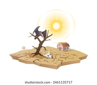 Long term drought at countryside 2D cartoon objects. Cracked ground and dried tree with bird. Natural disaster risk vector scene on white background