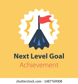Long term goal, mountain summit with flag, way to success, next level aim, higher achievement, vector flat design