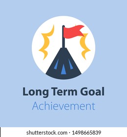Long term goal, mountain summit with flag, way to success, next level aim, higher achievement, vector flat design