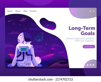 Long term goals banner with astronaut on Mars watch on Earth and planets. Universe exploration space themed banner in gradient design. Man on moon surface concept with space traveler.