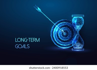 Long term goals, strategy and planning futuristic concept with target, hourglass symbols in glowing low polygonal style on dark blue background. Modern abstract connection design vector illustration