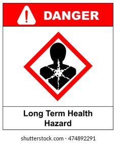 Long term health hazard, man in red rhombus symbol. Danger banner for factory. Vector illustration. Warning sign with exclamation point.