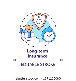 Long term insurance concept icon. Disability insurance types. Medical compensation after job accident idea thin line illustration. Vector isolated outline RGB color drawing. Editable stroke