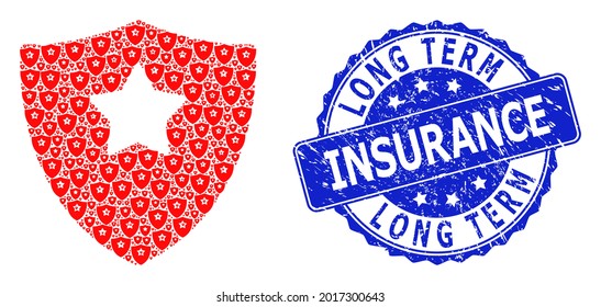 Long Term Insurance textured round seal print and vector fractal collage guard shield. Blue stamp seal includes Long Term Insurance tag inside round shape.