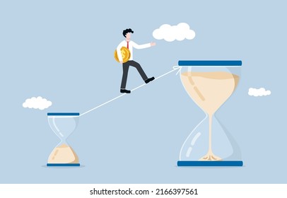 Long term investing decision, changing risk management plan, time to make profit or speculation concept. Businessman with big money coin walking on the rope up to larger sandglass.