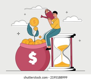 Long term investing. Man with watering can waters money tree. Financial literacy, trading, economics and investment. Savings and budget. Young guy with coins. Cartoon flat vector illustration