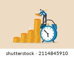 Long term investing or savings for retirement fund, compound interest or investment growth, tax time reminder concept, businessman on alarm clock put more dollar coin money to increase his savings.