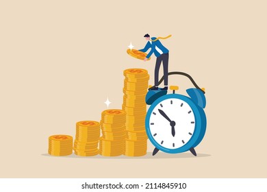 Long term investing or savings for retirement fund, compound interest or investment growth, tax time reminder concept, businessman on alarm clock put more dollar coin money to increase his savings.