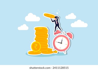 Long term investing or savings for retirement fund, compound interest or investment growth, tax time reminder concept, businessman on alarm clock put more dollar coin money to increase his savings.