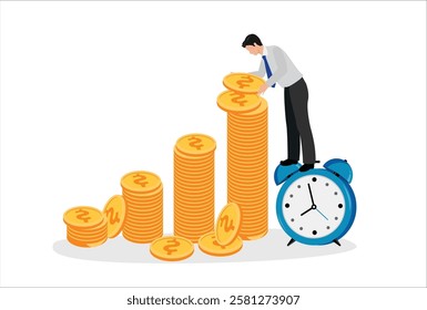 Long term investing or savings for retirement fund, compound interest or investment growth, tax time reminder concept, businessman on alarm clock put more dollar coin money to increase his savings.
