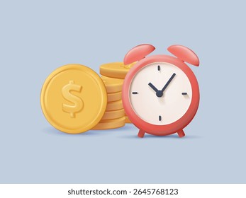 Investimento de longo prazo ou poupança para fundo de aposentadoria 3D renderizar ilustração vetorial. Crescimento composto de juros ou investimento, conceito de lembrete de tempo fiscal, despertador e moeda de dólar, aumentar a poupança