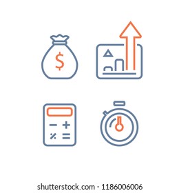 Long Term Investing Strategy, Financial Performance Report, Revenue Increase, Interest Rate Chart, Fast Income Growth, Mutual Fund, Quick Loan, Expenses Calculating, Stopwatch Time Period, Line Icon