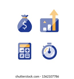 Long term investing strategy, financial performance report, revenue increase, interest rate chart, fast income growth, mutual fund, quick loan, expenses calculating, stopwatch time period, vector icon