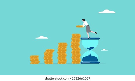 conceito de investimento de longo prazo, Crescimento Ganho de Juro Composto Em Investimento de Longo Prazo, empresária faz gráfico de crescimento financeiro empilhando moedas de ouro em cima da ilustração vetor de ampulheta