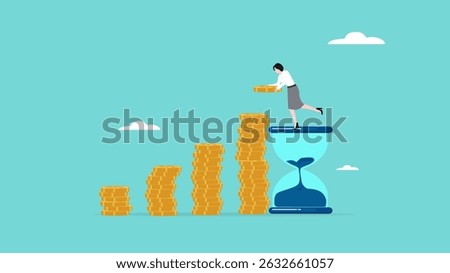 long term investment concept, Growth Earning From Compound Interest In Long Term Investing, businesswoman makes financial growth graph by stacking gold coins on top of hourglass vector illustration