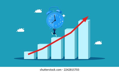 Long term investment for growth. businesswoman holding clock on growth graph