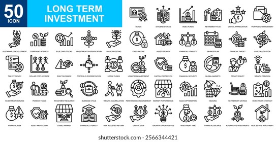 Long Term Investment icon collection set. Investing, market trends, tradding, stock market, market economy icon. Simple line vector.