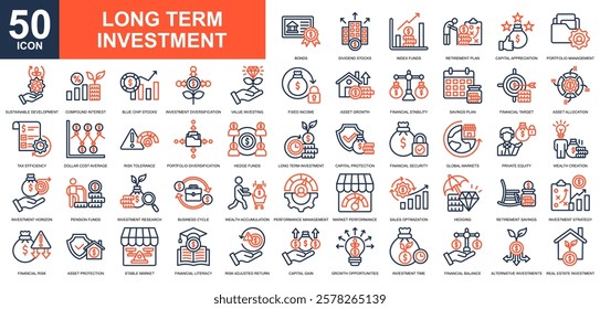 Long Term Investment icon collection set. Investing, market trends, tradding, stock market, market economy icon. Simple line color vector.