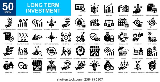 Long Term Investment icon collection set. Investing, market trends, tradding, stock market, market economy icon. Simple glyph vector.