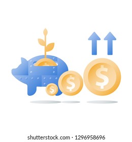 Long term investment strategy, metal piggy bank, ascending coins chart, arrow of growth, value increase, pension savings, superannuation concept, retire finance, financial security, more money