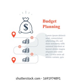 Long term investment strategy, money bag, income increase, business revenue growth, lower cost, financial solution, budget expenses, fundraising concept, vector line icon