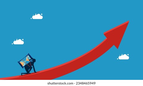 Long term investment. woman with hourglass preparing to run on growth chart